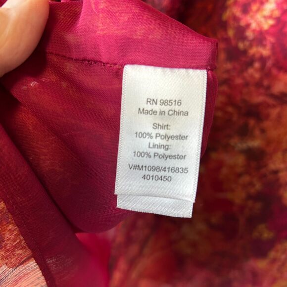 Coldwater Creek NWOT Burgundy Pink Abstract Sheer Pleated Button-up LS Tunic XL - Picture 10 of 13
